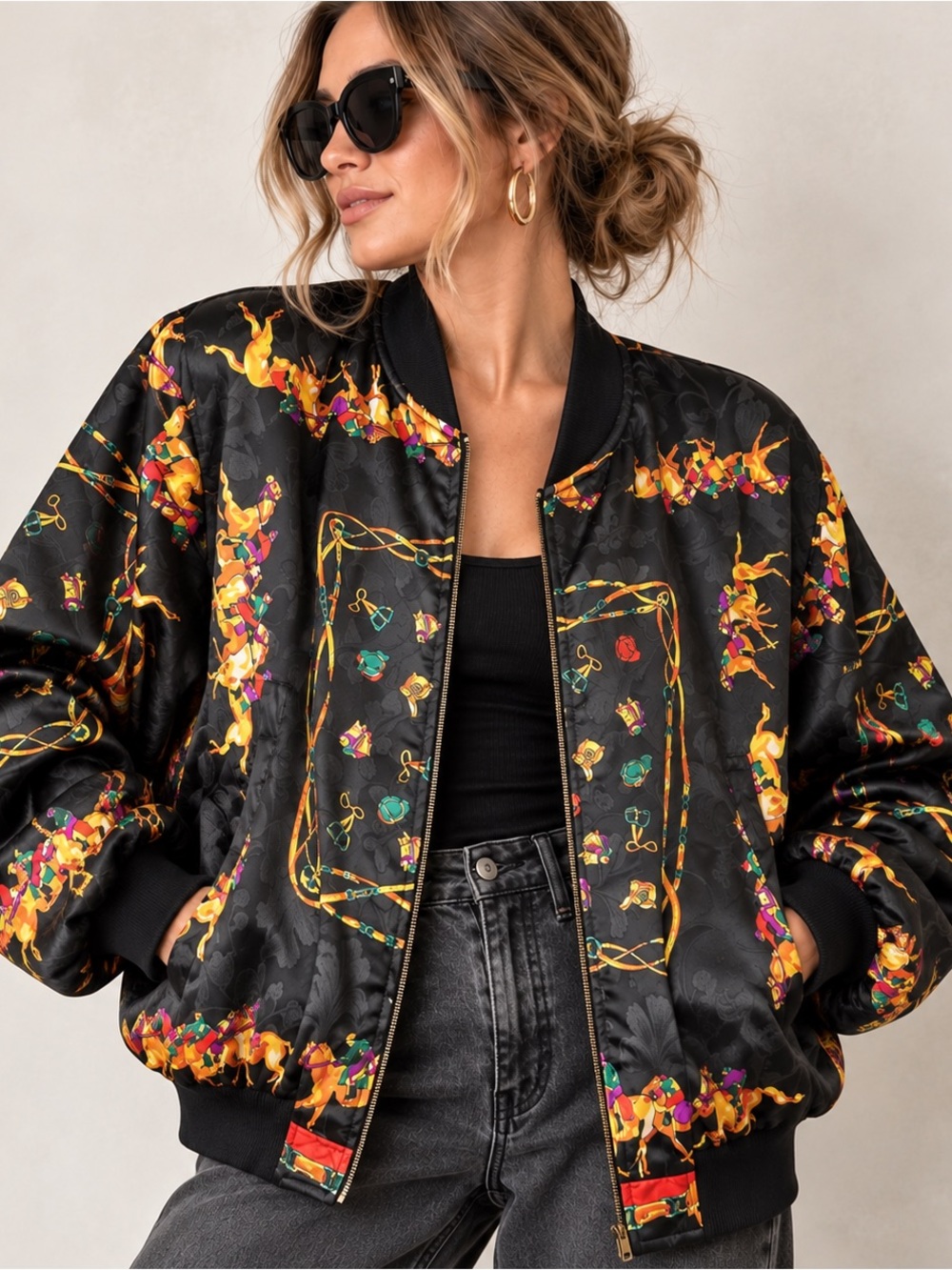 Vintage Style Equestrian Scarf Print Reversible Satin Bomber Jacket